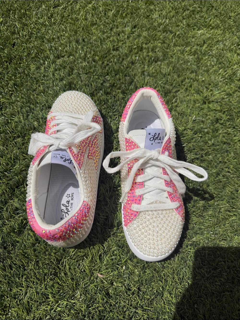Lola + The Boys White Sneakers with Pink Crystal & Pearl Accents